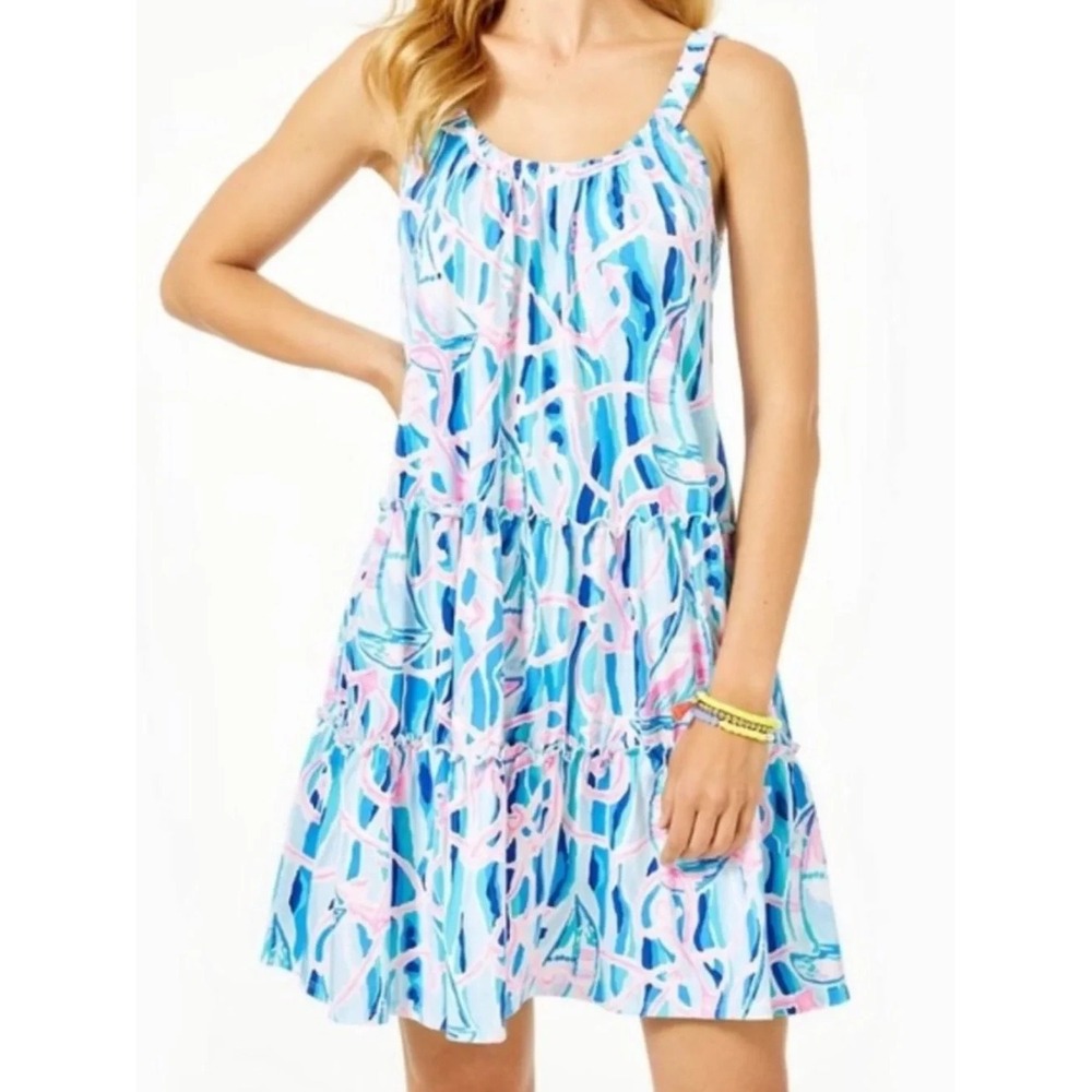 LILLY PULITZER Loro Dress Reel Nauti Blue Pink Swing Dress Strappy Cotton Sz M